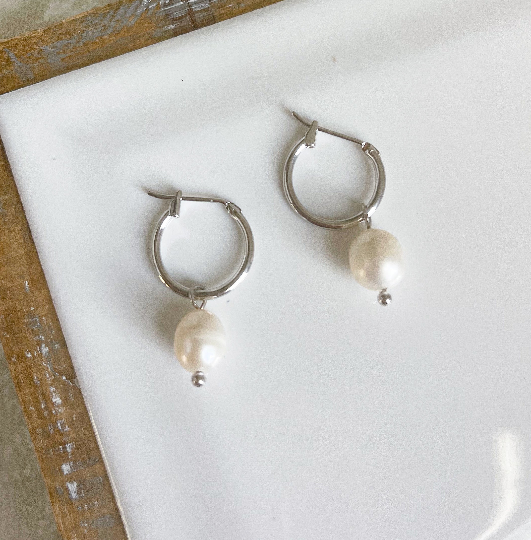 Silver Pearl Hoops