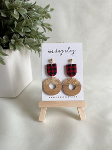 Red Plaid Circle Wooden Dangles